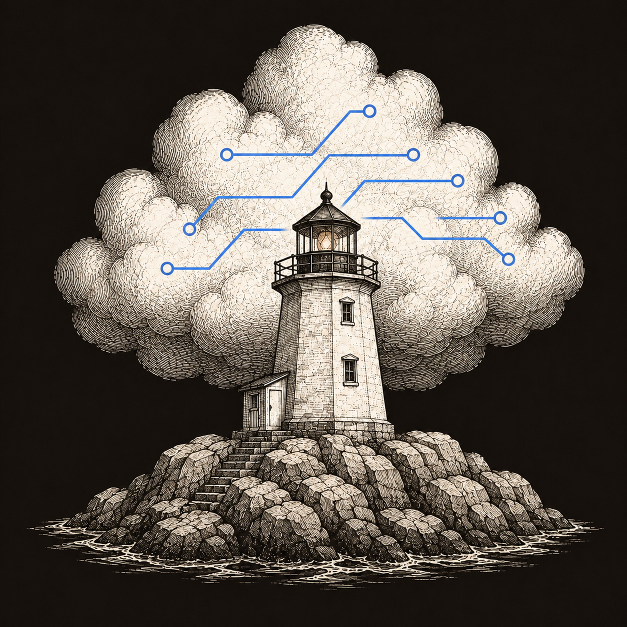 An engraved coastal lighthouse on a rocky island, framed by an ivory cloud with blue data lines