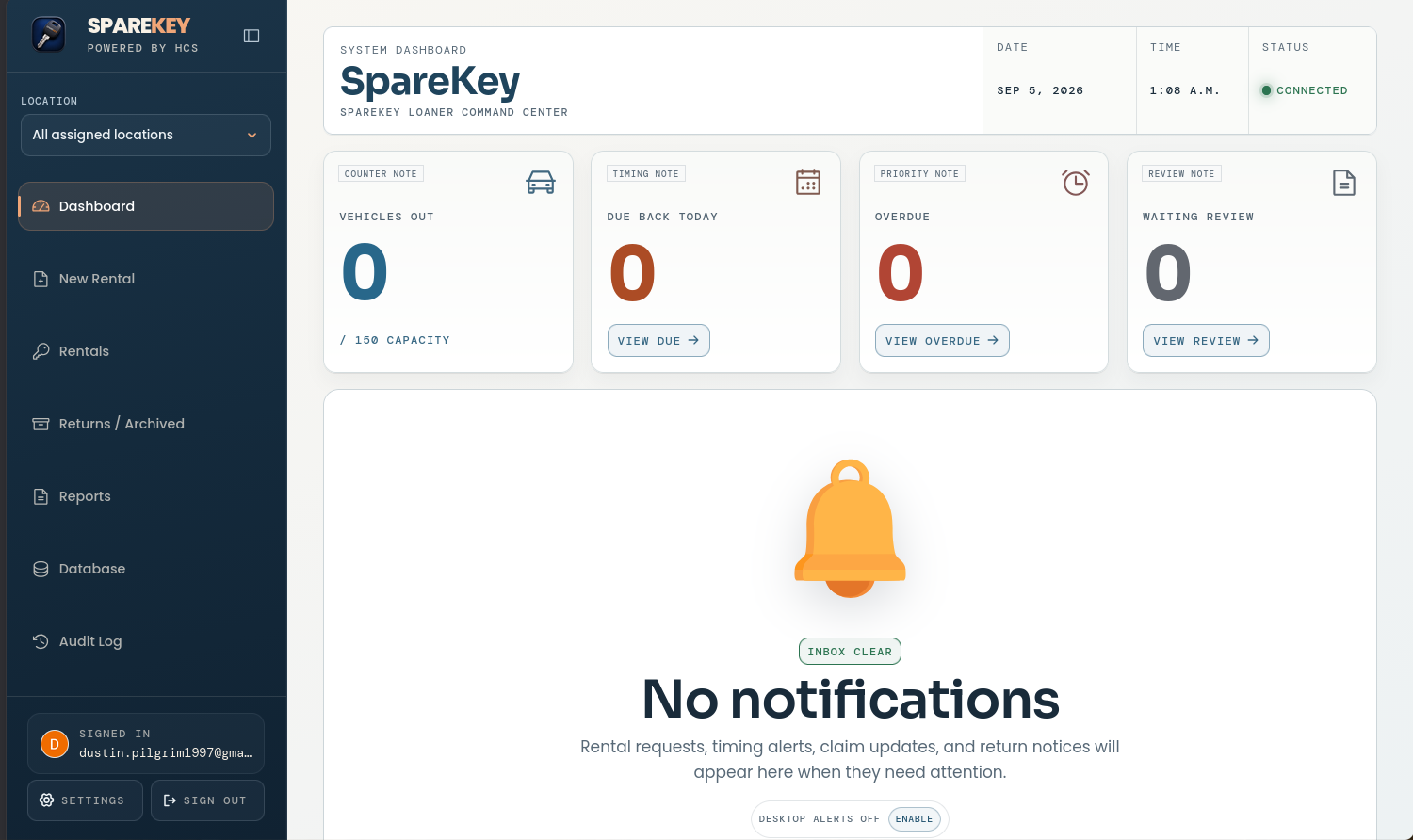SpareKey dashboard with loaner counts and its notification inbox